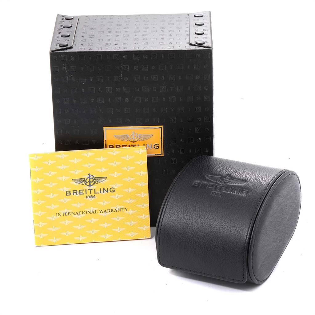 The image shows the packaging box, international warranty card, and leather case for a Breitling Professional Series A68062 Men's Stainless Steel Grey Dial A68062 Men's Stainless Steel Grey Dial watch.