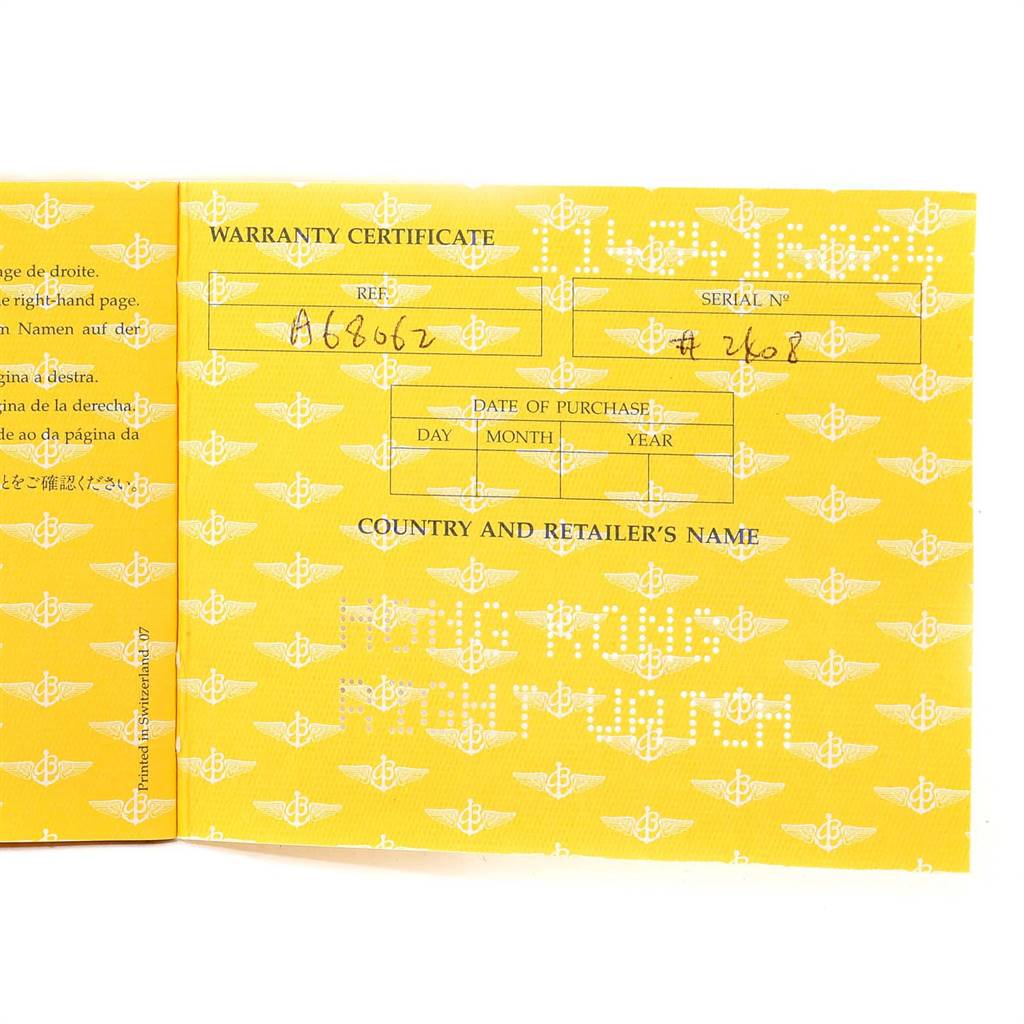 The image shows the warranty certificate for the Breitling Professional Series A68062 Men's Stainless Steel Grey Dial A68062 Men's Stainless Steel Grey Dial model, including reference and serial numbers fields.