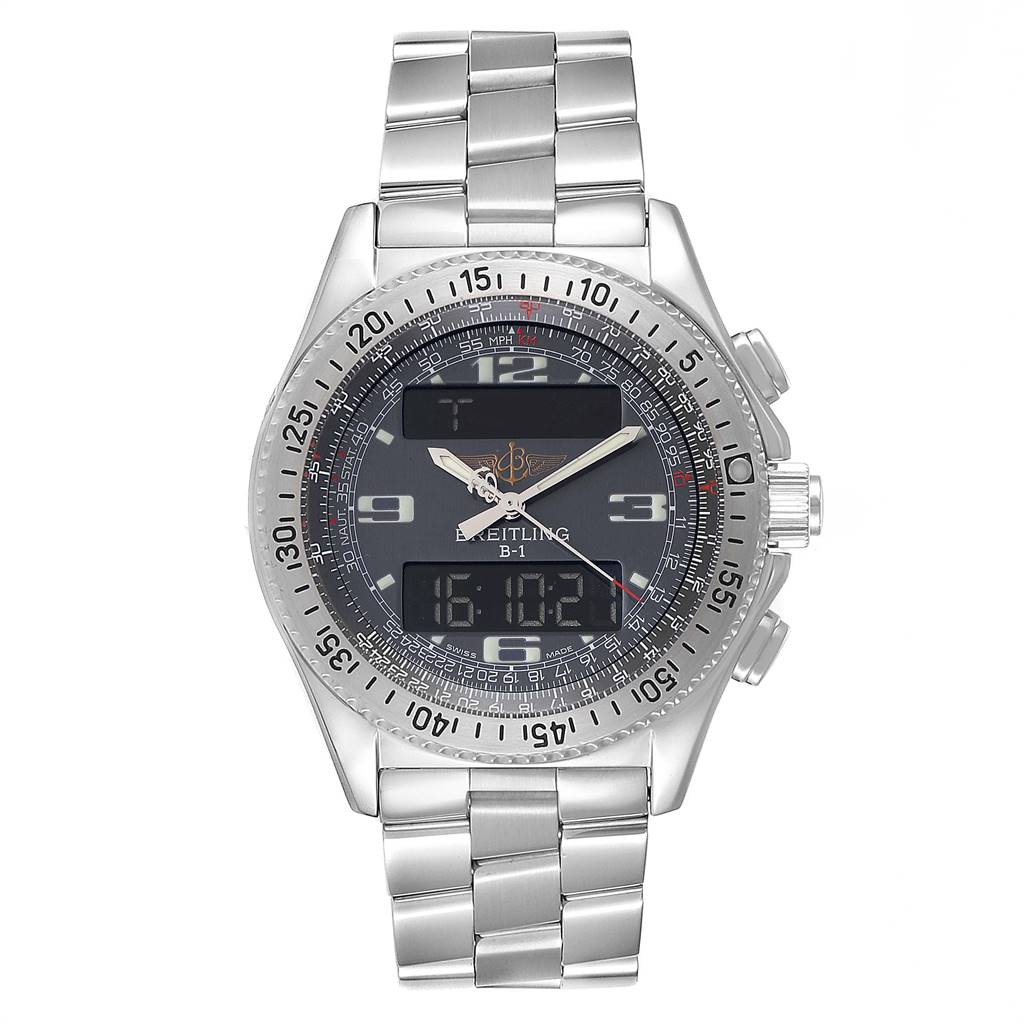 The Breitling Professional Series A68062 Men's Stainless Steel Grey Dial A68062 Men's Stainless Steel Grey Dial B-1 watch is shown from the front, displaying its face, hands, digital displays, and bracelet.