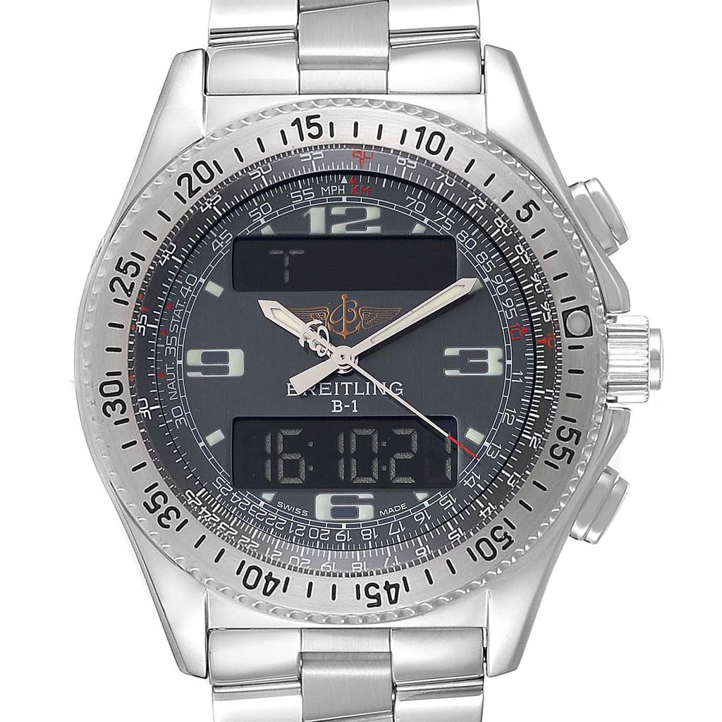 The Breitling Professional Series A68062 Men's Stainless Steel Grey Dial A68062 Men's Stainless Steel Grey Dial B-1 watch shown from the front angle reveals its dial, bezel, pushers, and bracelet.