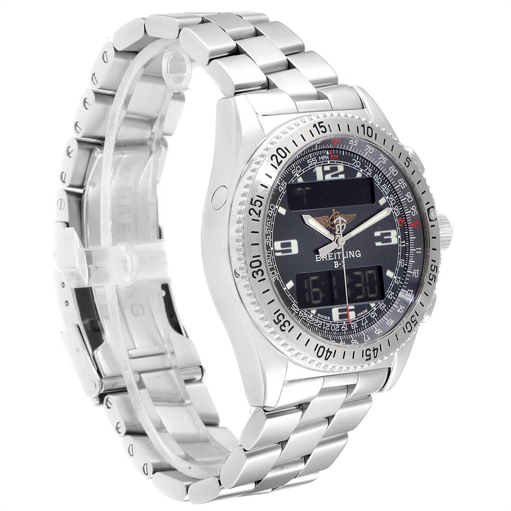 This Breitling Professional Series A68062 Men's Stainless Steel Grey Dial A68062 Men's Stainless Steel Grey Dial watch is shown at a three-quarter angle displaying its face and metal bracelet.