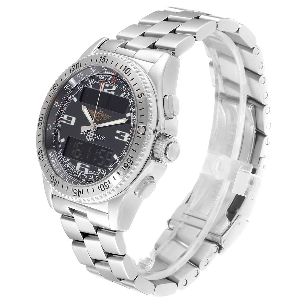 The image shows a Breitling Professional Series A68062 Men's Stainless Steel Grey Dial A68062 Men's Stainless Steel Grey Dial watch at a 3/4 angle, highlighting its face, bezel, crown, and metal bracelet.
