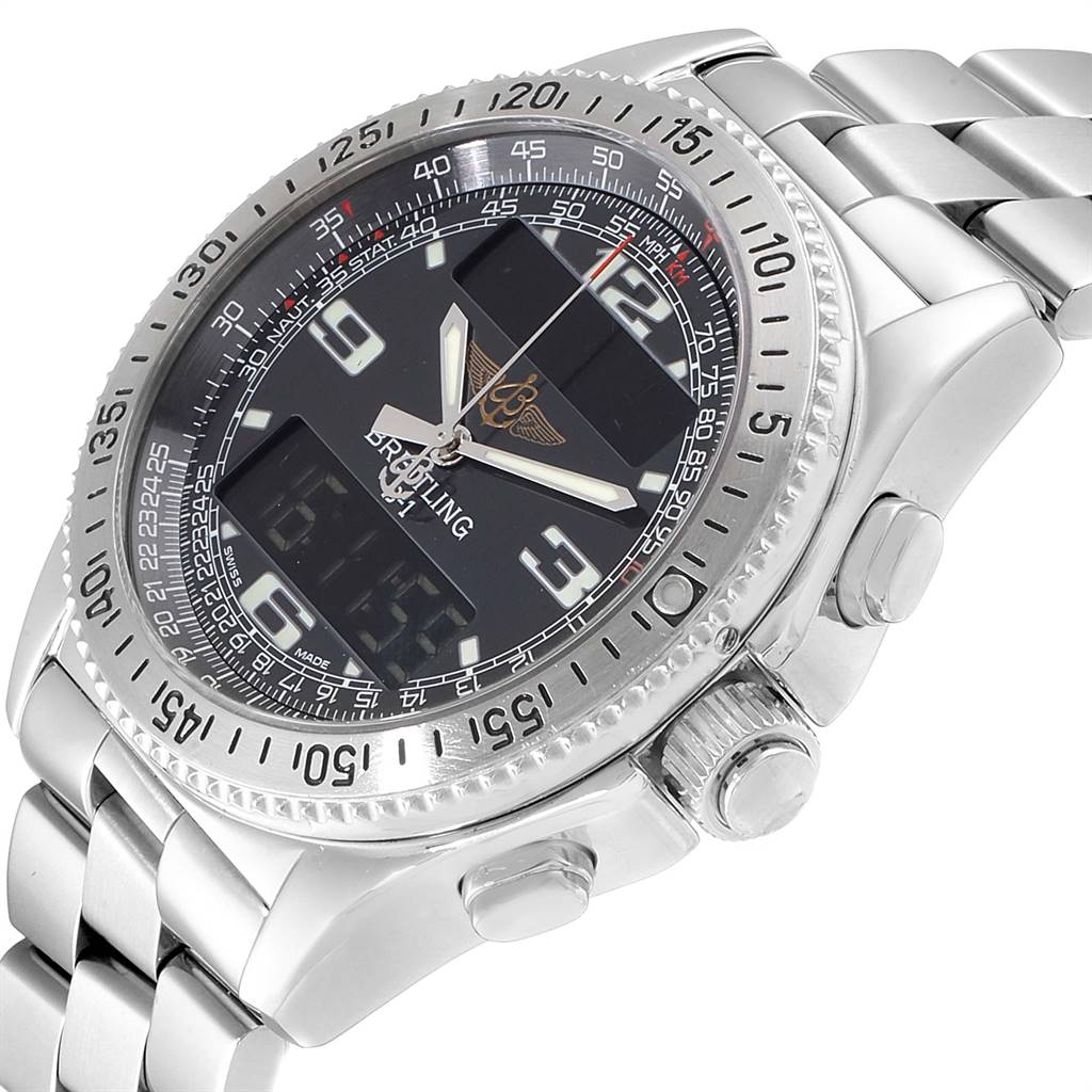 The image shows a close-up of a Breitling Professional Series A68062 Men's Stainless Steel Grey Dial A68062 Men's Stainless Steel Grey Dial watch, focusing on its dial, bezel, crown, and bracelet, from an angled perspective.