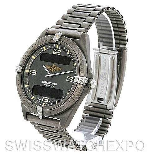 The image shows a Breitling Professional Series 80360 Men's Titanium Grey Dial 80360 Men's Titanium Grey Dial Navitimer watch at a slight angle, highlighting the face, bezel, and metal bracelet.