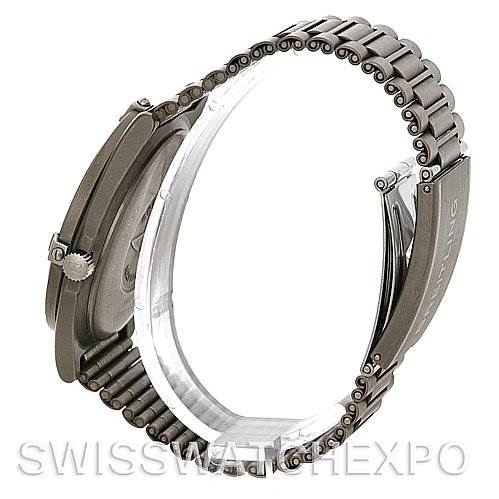 This image shows a side view of the Breitling Professional Series 80360 Men's Titanium Grey Dial 80360 Men's Titanium Grey Dial watch, highlighting the bracelet and the side of the case, including the crown.