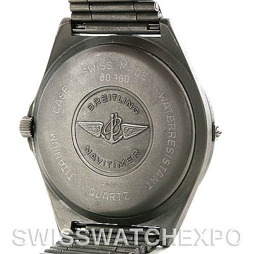 This image shows the back of a Breitling Professional Series 80360 Men's Titanium Grey Dial 80360 Men's Titanium Grey Dial Navitimer watch, highlighting its titanium case and other engravings.