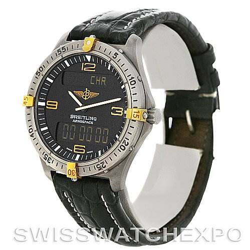 The image shows a front and side view of the Breitling Professional Series F56062 Men's Titanium Grey Dial F56062 Men's Titanium Grey Dial Aerospace watch, highlighting its dial, bezel, and leather strap.