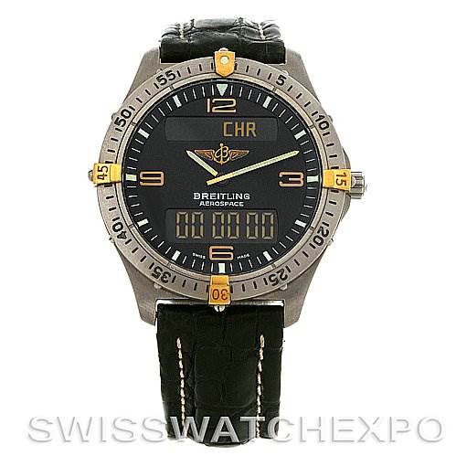 This image shows a front view of the Breitling Professional Series F56062 Men's Titanium Grey Dial F56062 Men's Titanium Grey Dial Aerospace model watch, highlighting its face and strap.