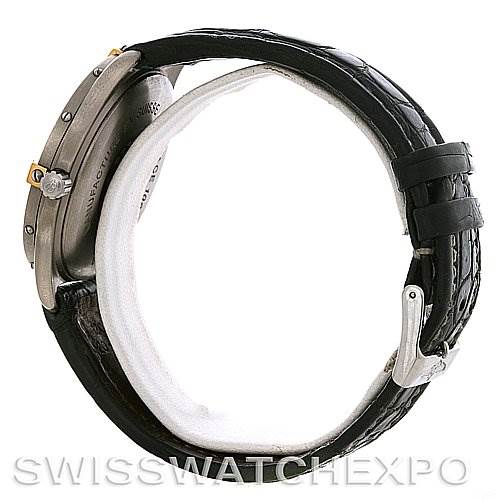 This side view shows the Professional Series Breitling watch's case, crown, and leather strap with buckle.