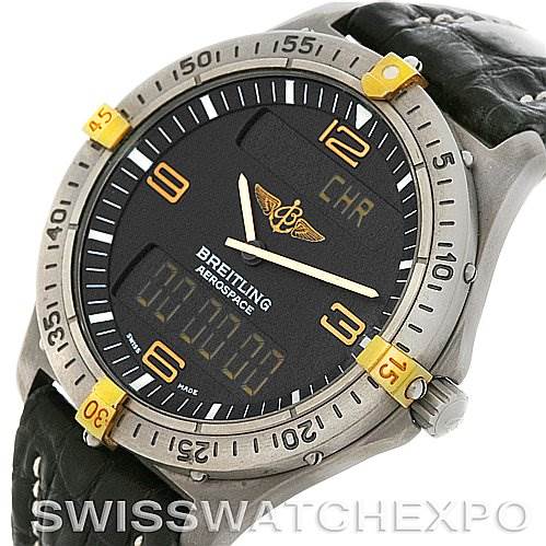 This image shows a Breitling Professional Series F56062 Men's Titanium Grey Dial F56062 Men's Titanium Grey Dial Aerospace watch, featuring a black dial, analog hands, digital displays, and a black leather strap.