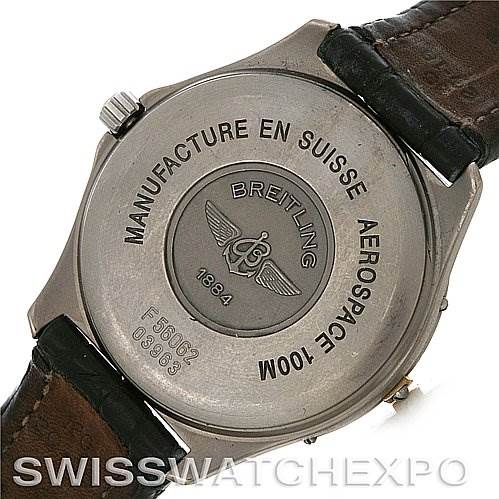 The image shows the back case of a Breitling Professional Series F56062 Men's Titanium Grey Dial F56062 Men's Titanium Grey Dial Aerospace watch featuring the brand's logo and model details.