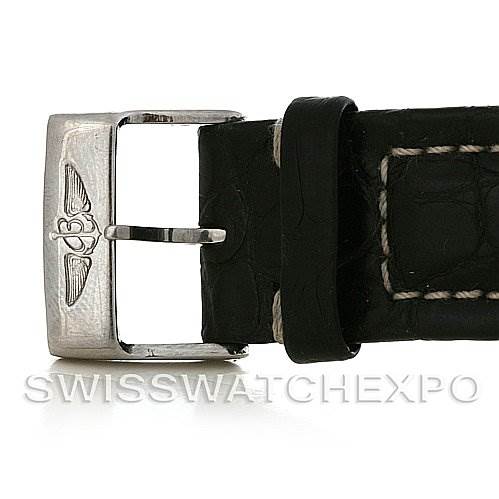 The image shows the clasp and part of the black leather strap of a Breitling Professional Series F56062 Men's Titanium Grey Dial F56062 Men's Titanium Grey Dial watch.