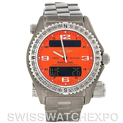 This image shows a front angle of a Breitling Professional Series E7632110 Men's Titanium Orange Dial E7632110 Men's Titanium Orange Dial watch, highlighting its bezel, dial, hands, and stainless steel bracelet.