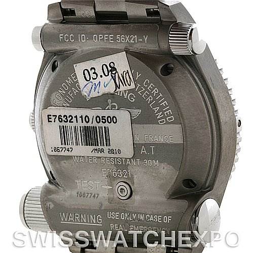 This image shows the back and side of a Breitling Professional Series E7632110 Men's Titanium Orange Dial E7632110 Men's Titanium Orange Dial model watch, highlighting its engravings and certification details.