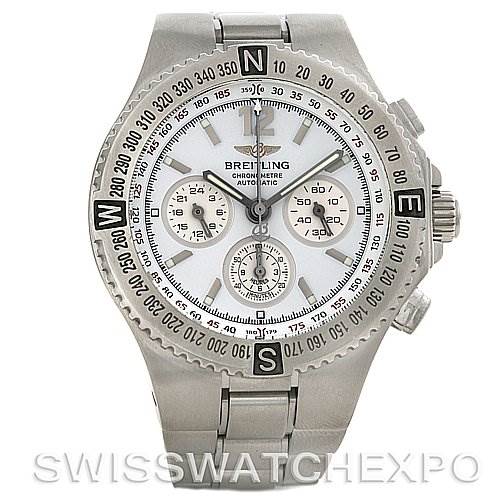 This is a front view of a Breitling Professional Series 3936310/A553 Men's Stainless Steel White Dial 3936310/A553 Men's Stainless Steel White Dial watch, showcasing the white dial, chronograph subdials, and stainless steel bracelet.