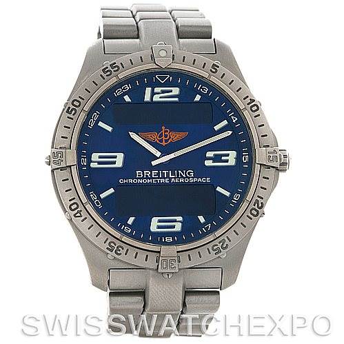 The image shows a front view of a Breitling Professional Series E75362 Men's Titanium Blue Dial E75362 Men's Titanium Blue Dial watch, displaying the dial, bezel, and part of the bracelet.