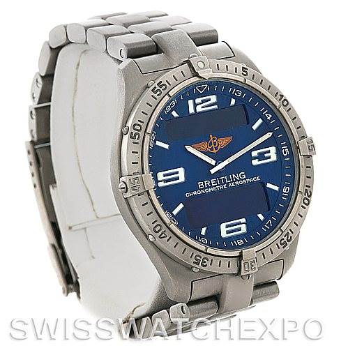 The image shows a Breitling Professional Series E75362 Men's Titanium Blue Dial E75362 Men's Titanium Blue Dial watch from a front angle, highlighting its face, bezel, and metal bracelet.