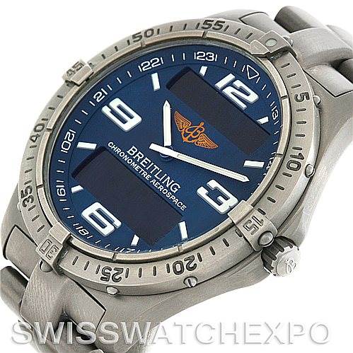 The image shows a high-angle view of the Breitling Professional Series E75362 Men's Titanium Blue Dial E75362 Men's Titanium Blue Dial watch, highlighting the blue dial, bezel, and bracelet.