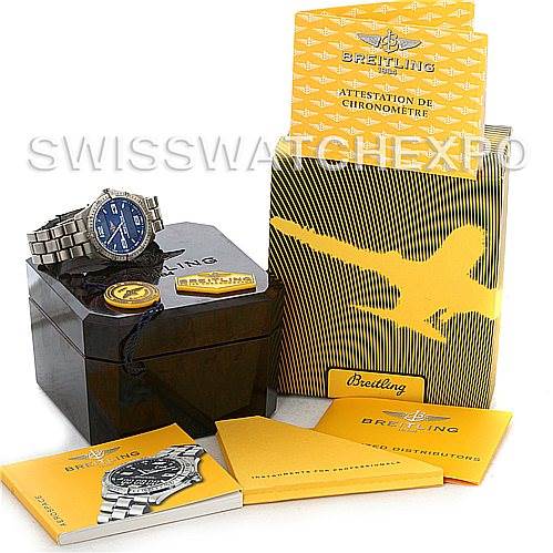 The image shows a Breitling Professional Series E75362 Men's Titanium Blue Dial E75362 Men's Titanium Blue Dial watch at an angled view with its box, manuals, and chronometer certificate.