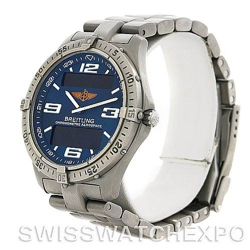 The image shows a Breitling Professional Series E75362 Men's Titanium Blue Dial E75362 Men's Titanium Blue Dial watch angled to display the face, bezel, and part of the metal bracelet.