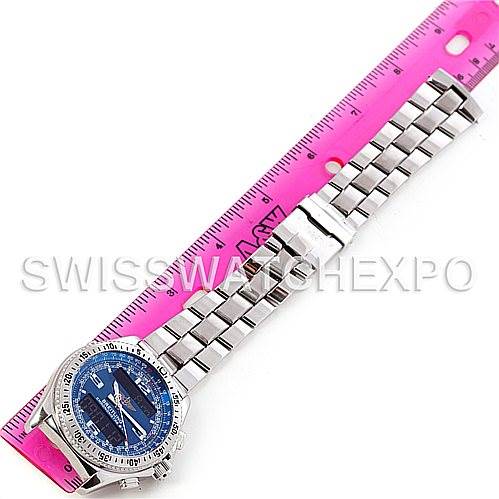 The Breitling Professional Series A78362 Stainless Steel Blue Dial A78362 Stainless Steel Blue Dial watch is shown from a slightly elevated top-down angle, displaying its band and face alongside a pink ruler.
