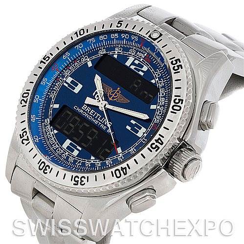The image shows a Breitling Professional Series A78362 Stainless Steel Blue Dial A78362 Stainless Steel Blue Dial watch focused on the face, bezel, and crown, taken from an angled side view.