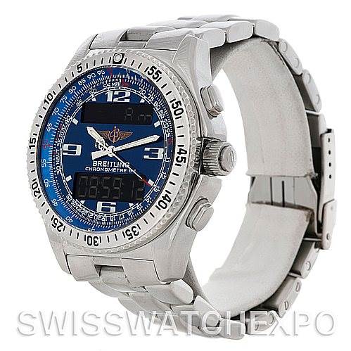 The image shows a Breitling Professional Series A78362 Stainless Steel Blue Dial A78362 Stainless Steel Blue Dial watch angled to display the face, bezel, and metal band from a three-quarter view.