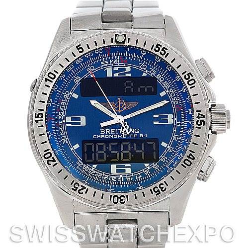 This image shows a front view of a Breitling Professional Series A78362 Stainless Steel Blue Dial A78362 Stainless Steel Blue Dial Chronometre B-1 watch, focusing on the face, bezel, and part of the stainless steel band.