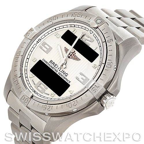 The image shows a Breitling Professional Series E79362 Men's Titanium Silver Dial E79362 Men's Titanium Silver Dial Chronomètre Aerospace watch at an angled view highlighting the face and the bracelet.