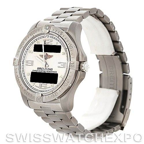 The image displays a Breitling Professional Series E79362 Men's Titanium Silver Dial E79362 Men's Titanium Silver Dial watch, showing the face, bezel, case, and bracelet from an angled side view.