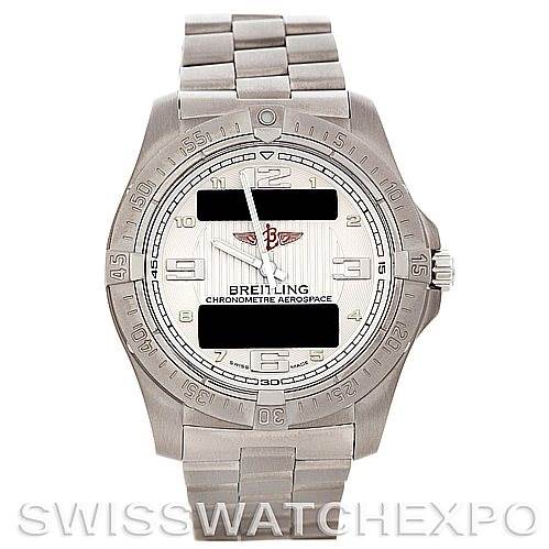 This image shows a front view of a Breitling Professional Series E79362 Men's Titanium Silver Dial E79362 Men's Titanium Silver Dial Chronometre Aerospace watch, depicting the face, bezel, and stainless steel bracelet.