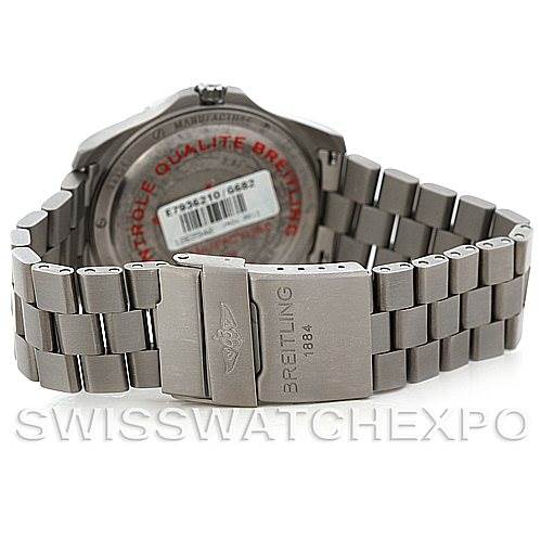 This Breitling Professional Series E79362 Men's Titanium Silver Dial E79362 Men's Titanium Silver Dial watch is shown from the back, highlighting the case back, bracelet, and clasp.