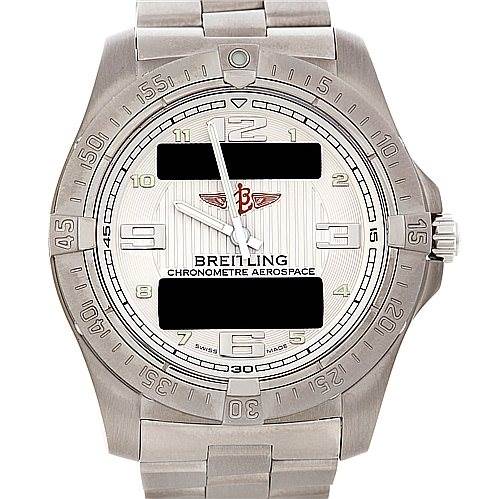 The image shows a front view of the Breitling Professional Series E79362 Men's Titanium Silver Dial E79362 Men's Titanium Silver Dial Chronomètre Aerospace watch, highlighting its face, digital displays, and bezel.