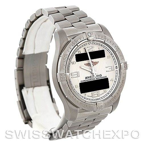 The image shows a side and front angle of a Breitling Professional Series E79362 Men's Titanium Silver Dial E79362 Men's Titanium Silver Dial Chronographe Aerospace watch, highlighting its dial, bezel, and bracelet.