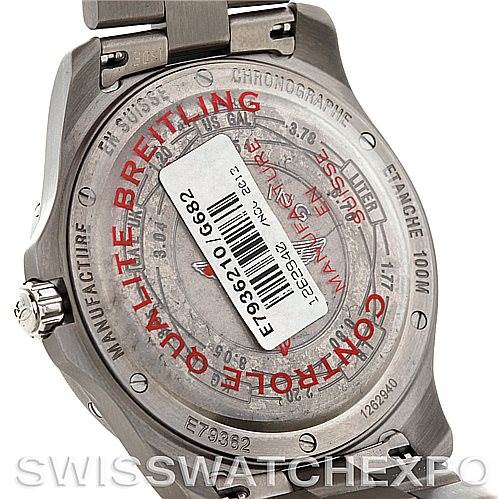 The image shows the back view of a Breitling Professional Series E79362 Men's Titanium Silver Dial E79362 Men's Titanium Silver Dial watch, highlighting the case back with engravings and a barcode sticker.