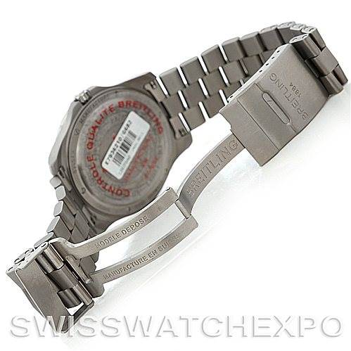 The image shows the back and open clasp of a Breitling Professional Series E79362 Men's Titanium Silver Dial E79362 Men's Titanium Silver Dial watch, highlighting the bracelet and closed case back.