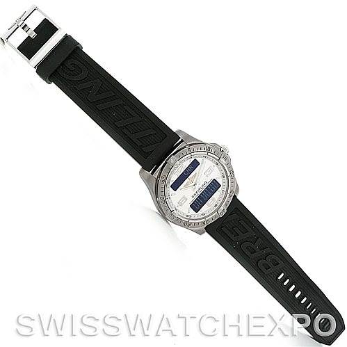 This image shows a top-down view of a Breitling Professional Series E79362 Men's Titanium Silver Dial E79362 Men's Titanium Silver Dial watch, highlighting the face and black rubber strap.