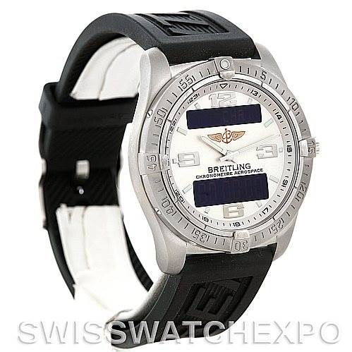 The image shows a Breitling Professional Series E79362 Men's Titanium Silver Dial E79362 Men's Titanium Silver Dial Chronometre Aerospace watch angled slightly to display the face and black rubber strap.