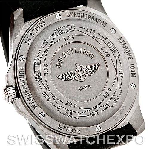 The image shows the back case of a Breitling Professional Series E79362 Men's Titanium Silver Dial E79362 Men's Titanium Silver Dial watch, displaying various engravings and measurements.