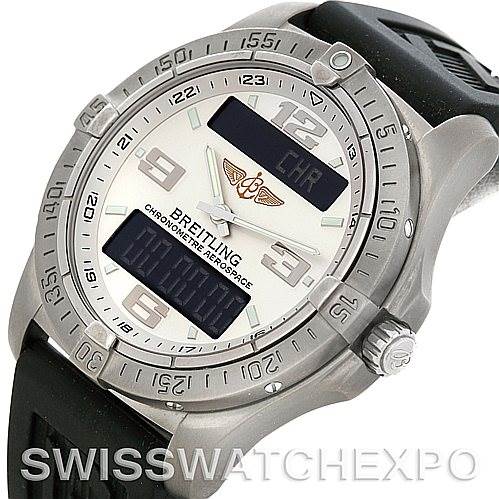 The image shows a front angle of the Breitling Professional Series E79362 Men's Titanium Silver Dial E79362 Men's Titanium Silver Dial Chronometre Aerospace watch, highlighting the dial, bezel, and strap.
