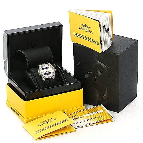The image shows a Breitling Professional Series E79362 Men's Titanium Silver Dial E79362 Men's Titanium Silver Dial watch in its open box, with manuals and packaging on display.
