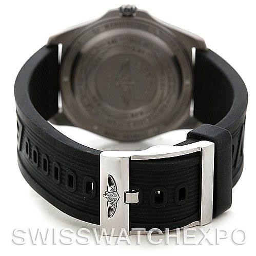 The image shows the back view of a Breitling Professional Series E79362 Men's Titanium Silver Dial E79362 Men's Titanium Silver Dial watch, highlighting the rubber strap and buckle.