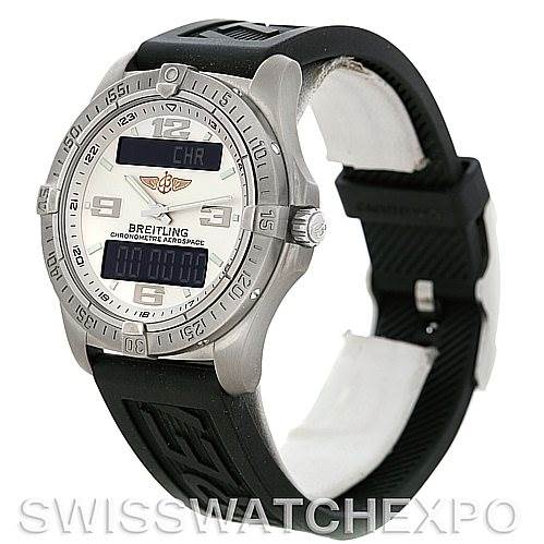 The image shows a Breitling Professional Series E79362 Men's Titanium Silver Dial E79362 Men's Titanium Silver Dial watch angled to display the face, bezel, crown, and black rubber strap.