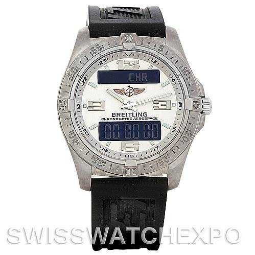 This image shows a front view of the Breitling Professional Series E79362 Men's Titanium Silver Dial E79362 Men's Titanium Silver Dial Chronometre Aerospace watch, highlighting its face, bezel, and strap.