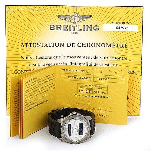 The image shows a Breitling Professional Series E79362 Men's Titanium Silver Dial E79362 Men's Titanium Silver Dial watch, its warranty certificate, and chronometer attestation documents from a front angle.