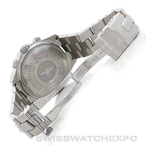 The image shows the back and the open clasp of a Breitling Professional Series A42362 Men's Stainless Steel Silver Dial A42362 Men's Stainless Steel Silver Dial watch, highlighting the brand's engraved details.