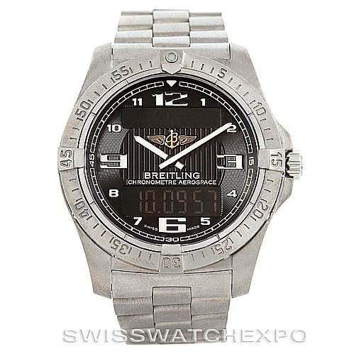 The image shows a frontal view of the Breitling Professional Series E79362 Men's Titanium Silver Dial E79362 Men's Titanium Silver Dial watch, highlighting its dial, bezel, and metal bracelet.