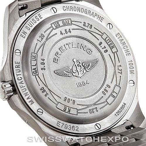This image shows the back case of a Breitling Professional Series E79362 Men's Titanium Silver Dial E79362 Men's Titanium Silver Dial watch, detailing various unit conversions and the brand logo.