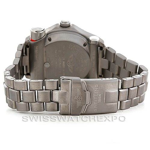 The image shows the back of a Breitling Professional Series E76321 Men
s Titanium Yellow Dial E76321 Men
s Titanium Yellow Dial watch, focusing on the clasp, bracelet, and caseback.