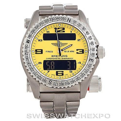 The image shows a front view of the Breitling Professional Series E76321 Men
s Titanium Yellow Dial E76321 Men
s Titanium Yellow Dial chronometer emergency watch, displaying its yellow dial, numerals, and stainless steel bracelet.